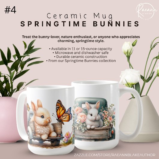 Springtime Bunnies #4 陶磁器マグカップ コーヒーマグカップ