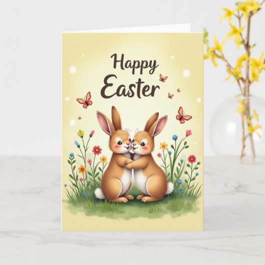 Springtime Bunny Hugs Greeting Card カード (黄色い花)