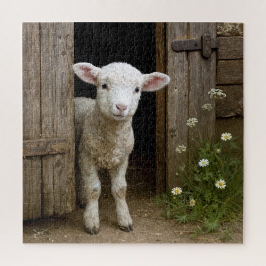 Springtime Lamb Standing In Barn Doorway ジグソーパズル (縦)