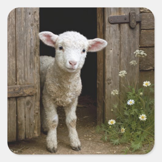 Springtime Lamb Standing In Barn Doorway スクエアシール (正面)