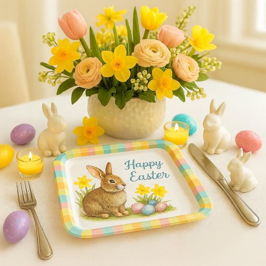 Springtime Plaid with Easter Bunny Paper Plate ペーパープレート
