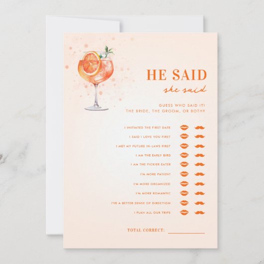 Spritzテーマ彼は彼女はブライダルシャワーゲームを言った 招待状 (正面)