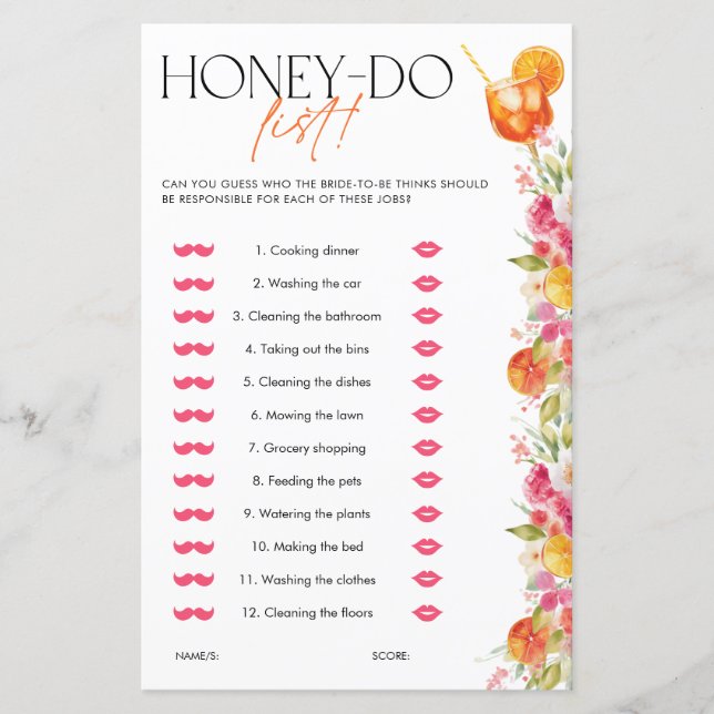 Spritz Citrus Honey Do List Bridal Shower Game (正面)