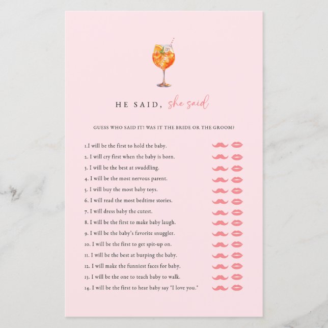 Spritz He Said She Said Bridal Shower Game Card (正面)