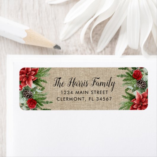 Spruce PineconeとPoinsettia on Burlap ラベル (インサイチュ)