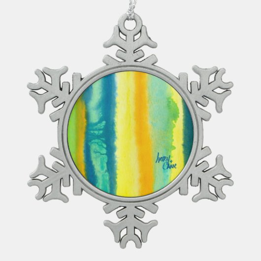 SPWWタングエッドティール(緑がかった色)グリーンとオレンジ スノーフレークピューターオーナメント (正面)