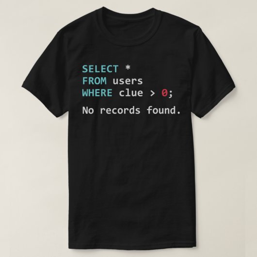 SQLクエリSQLおもしろいデータベース管理者プログラマ Tシャツ (デザイン正面)