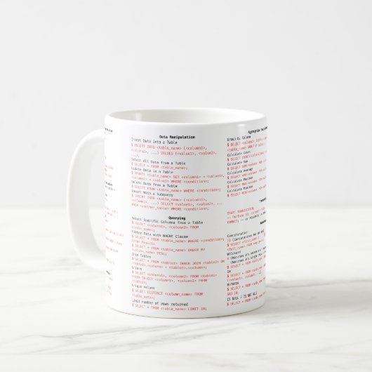 SQLチートシートMUG – ギフトのプログラミング コーヒーマグカップ (正面左)