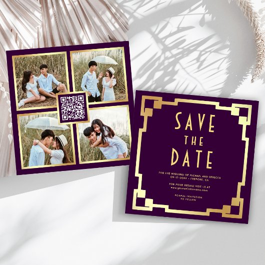 Square Art Deco Frame Purple Gold QR Code Wedding セーブザデート