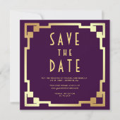 Square Art Deco Frame Purple Gold QR Code Wedding セーブザデート (正面)