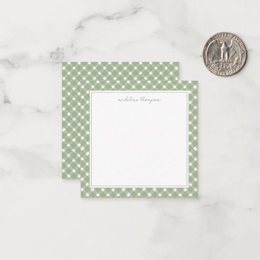 Square Basic Gingham Sage Green Border ノートカード (正面/裏面インサイチュ)