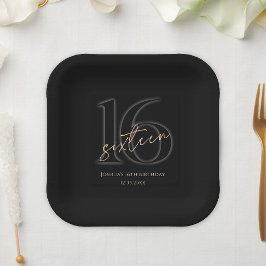 Square Black Gold 16th Birthday Party Paper Plates ペーパープレート