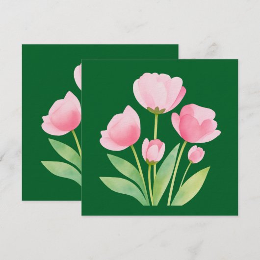 Square Card with Watercolor Tulips on Green (正面/裏面)