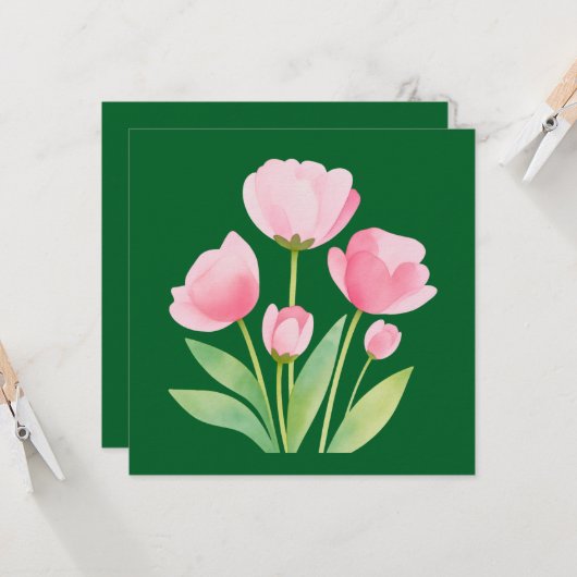 Square Card with Watercolor Tulips on Green (正面/裏面インサイチュ)