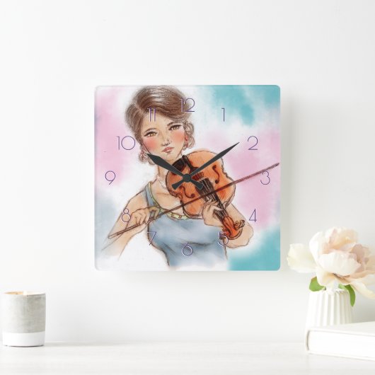 Square Clockのヴィンテージの芸術クラシックなバイオリンの女性 スクエア壁時計 (ホーム)