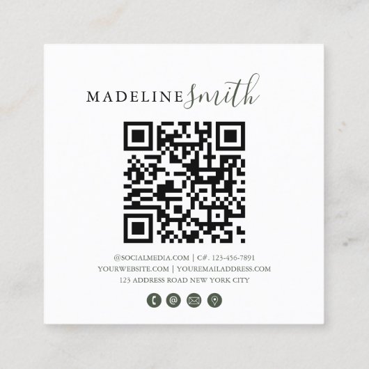Square Dark Green Script QR code スクエア名刺 (裏面)
