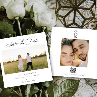 Square Elegant Script Monogram Save the Date Photo 案内状