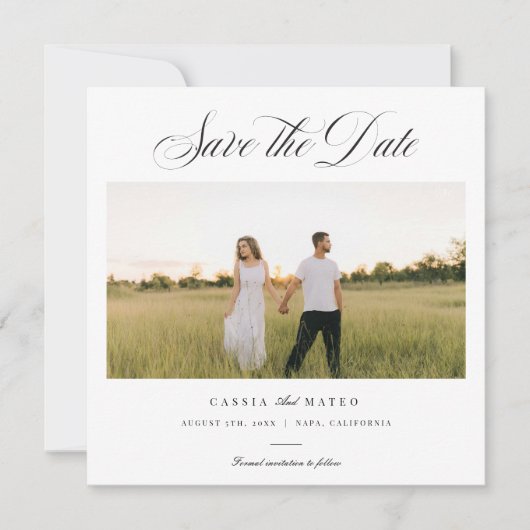 Square Elegant Script Monogram Save the Date Photo 案内状 (正面)