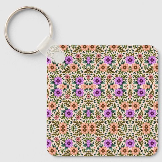 Square keychain showcasing a vibrant floral  キーホルダー (正面)