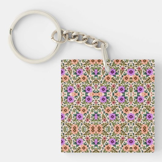 Square keychain with a colorful floral pattern キーホルダー (正面)