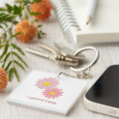 Square keychain with pink daisy flowers キーホルダー (正面右)