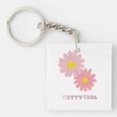 Square keychain with pink daisy flowers キーホルダー (正面)