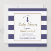 Square Nautical Navy Blue Anchor Boy Baby Shower 招待状 (正面)