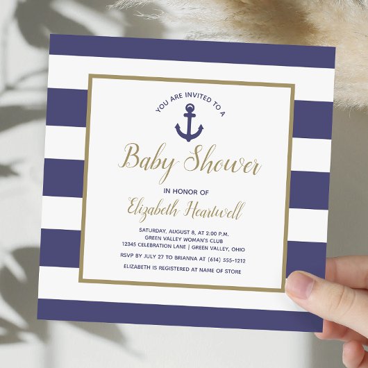 Square Nautical Navy Blue Anchor Boy Baby Shower 招待状