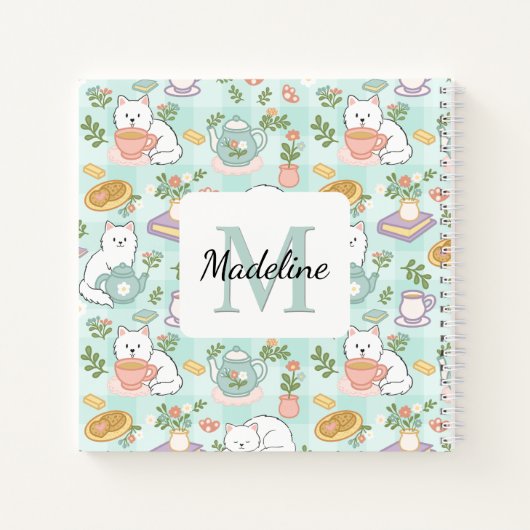 Square Notebook Personalized Tea Book Cats Green ノートブック (裏面)