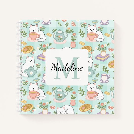 Square Notebook Personalized Tea Book Cats Green ノートブック (正面)