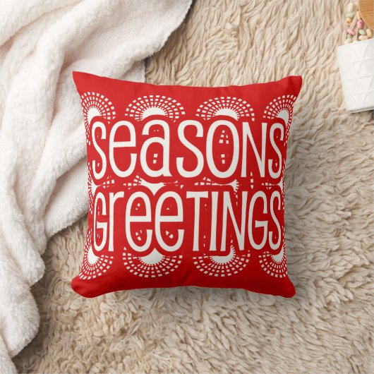 Square Red Seasons Greetings Throw Pillow Holiday クッション (ブランケット)