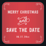 Square Red White Save The Date Christmas Stickers スクエアシール<br><div class="desc">大きな四角赤と白を保存する日付クリスマスステッカーをカスタマイズ可能な文字で – あなたの日付を追加結婚することができる</div>