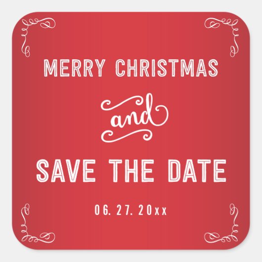 Square Red White Save The Date Christmas Stickers スクエアシール (正面)