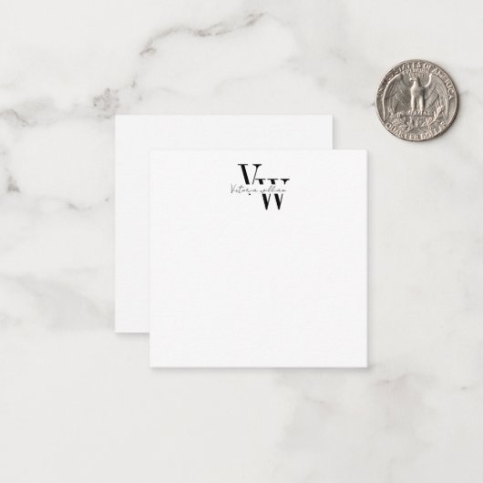 Square Simple Elegant Black and White Initials ノートカード (正面/裏面インサイチュ)