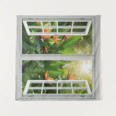 Square White Window with Tropical Scenic View タペストリー (正面(横))