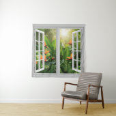 Square White Window with Tropical Scenic View タペストリー (インサイチュ)