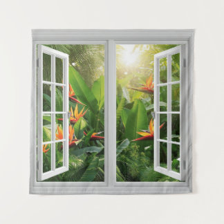 Square White Window with Tropical Scenic View タペストリー