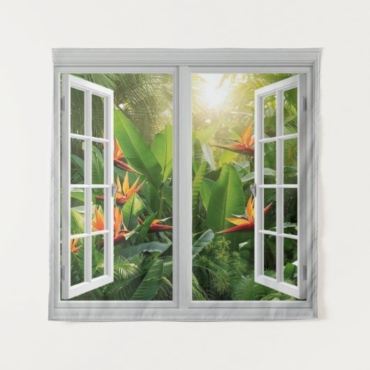 Square White Window with Tropical Scenic View タペストリー (正面)