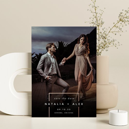 Squared Away | Modern Vertical Photo Save The Date 箔招待状