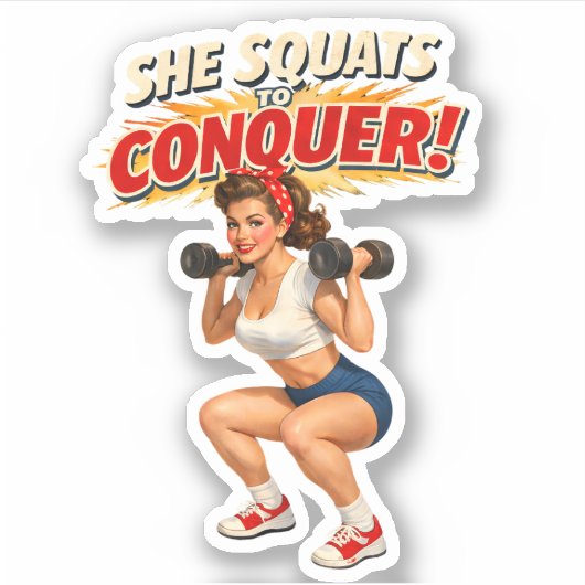 Squats To Conquer -Funny Retro Fitness Pin-Up- Gym シール (正面)