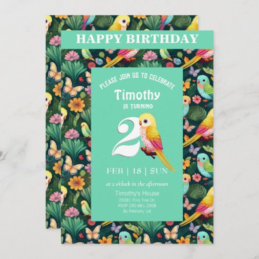 Squawk-tacular 2nd Birthday Bash: カラフル A 招待状 (正面/裏面)