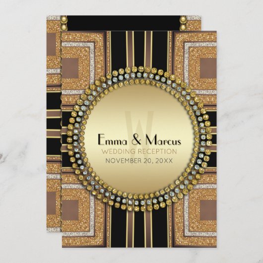 Squazi Art Deco Gold Black Wedding Reception 招待状 (正面/裏面)