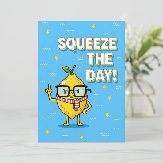 Squeeze the Day funny lemon pun gift サンキューカード (スタンド正面)
