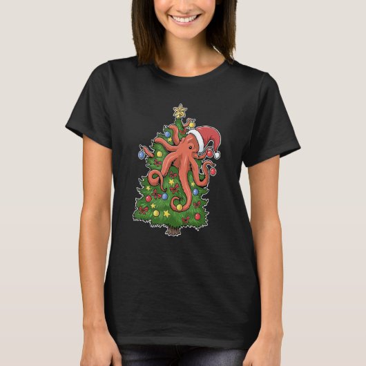 Squid santa ornaments Graphic Octopus christmas tr Tシャツ (正面)