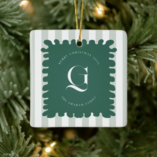Squiggle Frame & Stripes Monogram Christmas Photo セラミックオーナメント (ツリー)