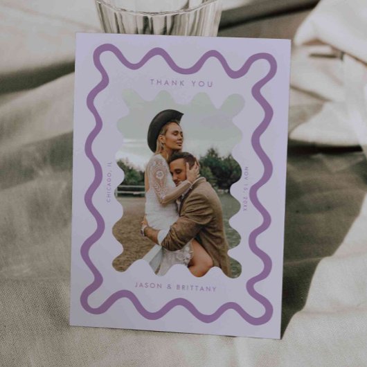 Squiggly Hand Drawn Line Purpleの結婚写真 サンキューカード