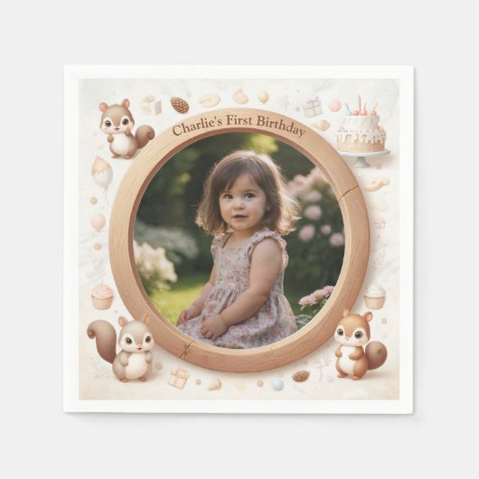 Squirrelフォトフレーム子供への誕生日パーティー スタンダードカクテルナプキン (正面)