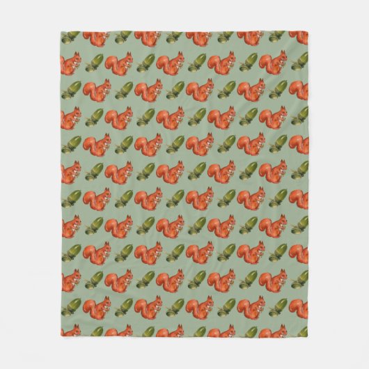 Squirrel and Acorn Pattern Green フリースブランケット (正面)
