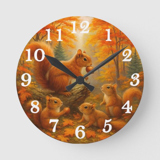 Squirrel And Child Rustic Autumn Forest Clock ラウンド壁時計 (正面)