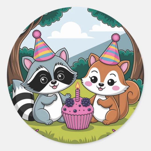Squirrel and Raccoon cute Birthday ラウンドシール (正面)